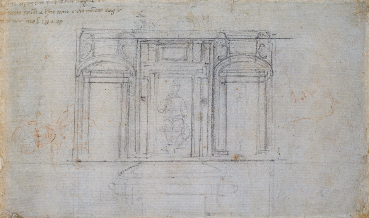 Suunnittelu yhdelle Medici-haudalle, 1500-luvun alku tekijältä Michelangelo Buonarroti