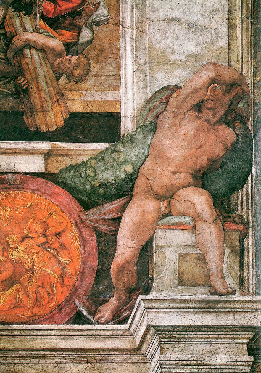 Yksityiskohta Sikstuksen kappelin katosta Vatikaanissa, 1508-1512. tekijältä Michelangelo Buonarroti
