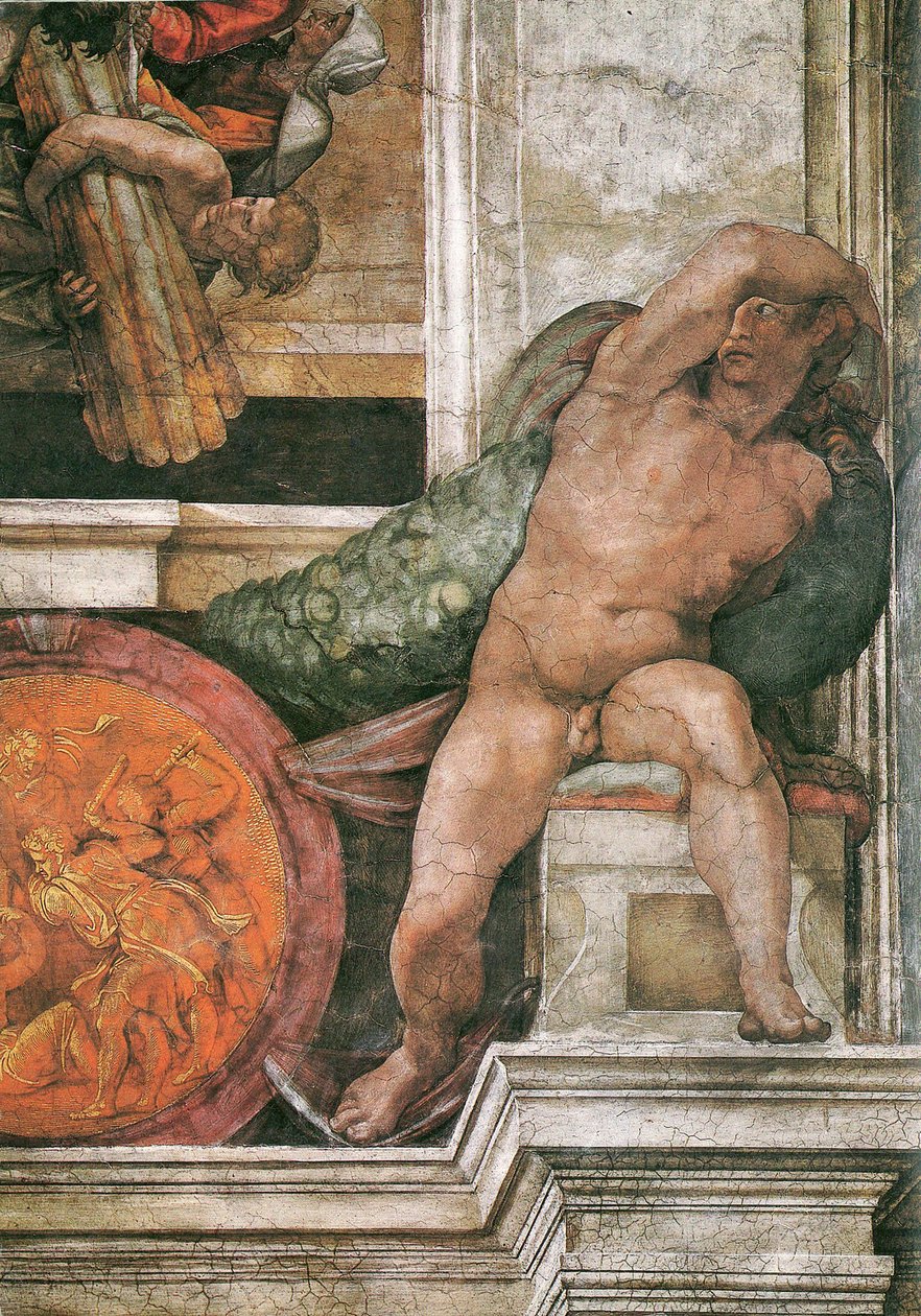 Yksityiskohta Sikstuksen kappelin katosta Vatikaanissa, 1508-1512 tekijältä Michelangelo Buonarroti