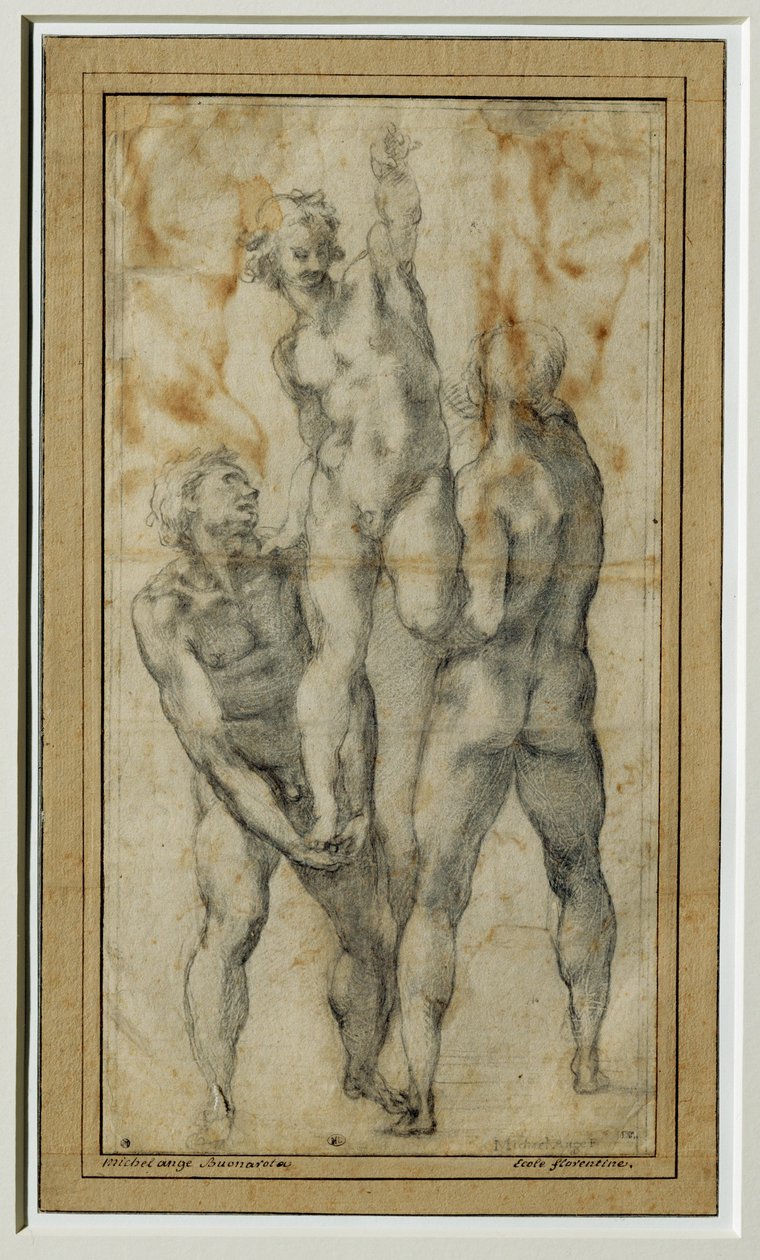 Kaksi alastonta miestä nostamassa kolmatta, n. 1502-06 ... tekijältä Michelangelo Buonarroti