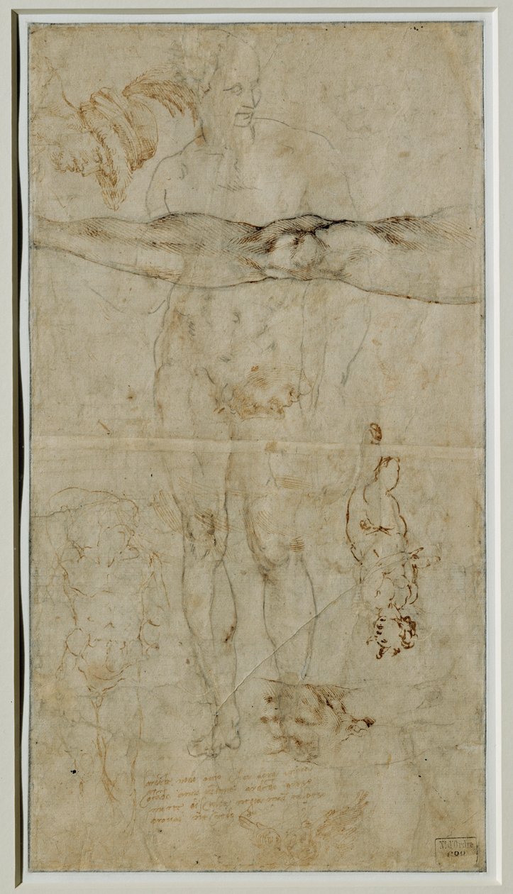 Erilaisia hahmoja koskevia tutkimuksia, Petrarcan sonettiin perustuva kirjoitus, noin 1506 ... tekijältä Michelangelo Buonarroti
