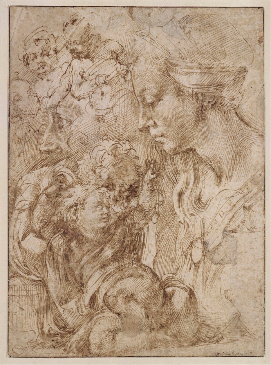 "Opiskelua pyhälle perheelle, jossa Johannes Kastaja lapsena" (Opiskelua pyhälle perheelle, jossa Johannes Kastaja lapsena) Piirustus Michelangelo Buonarroti (1475-1564) - 1505 - Kynä, sivellin, intialainen muste paperille Dim 28, 7x20 .9 cm Staatliche Mus tekijältä Michelangelo Buonarroti