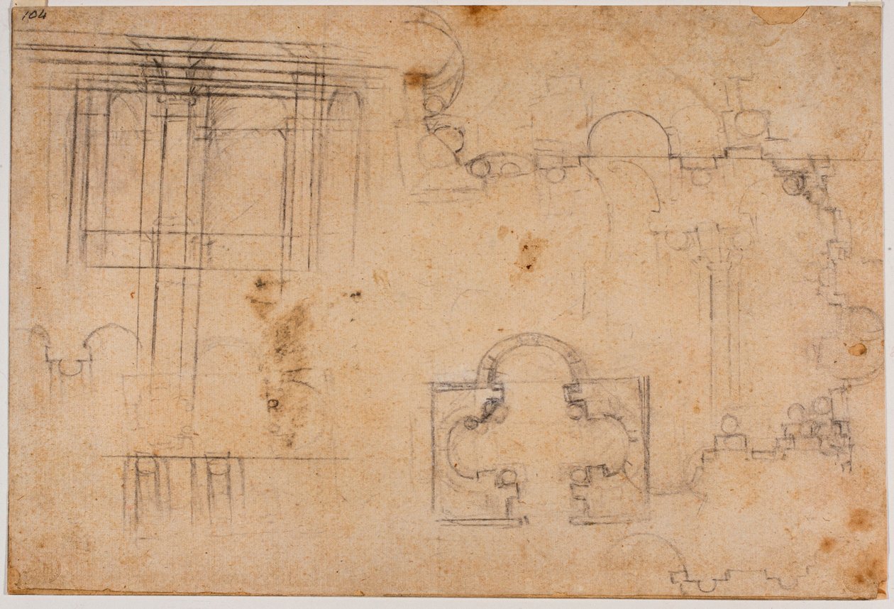 Sforzan kappelin pohjapiirros ja arkkitehtoniset korkeusasemat tekijältä Michelangelo Buonarroti