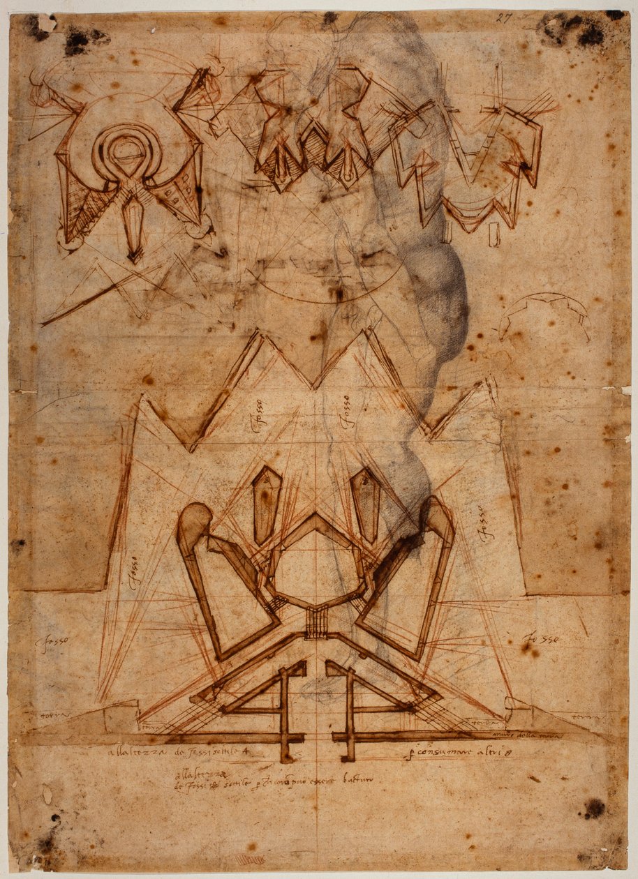 Porta al Praton linnoitukset, hahmon luonnos. tekijältä Michelangelo Buonarroti