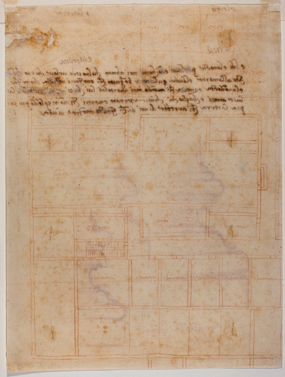 San Lorenzon luostarin hajanainen pohjapiirros, käsinkirjoitettuja merkintöjä. tekijältä Michelangelo Buonarroti