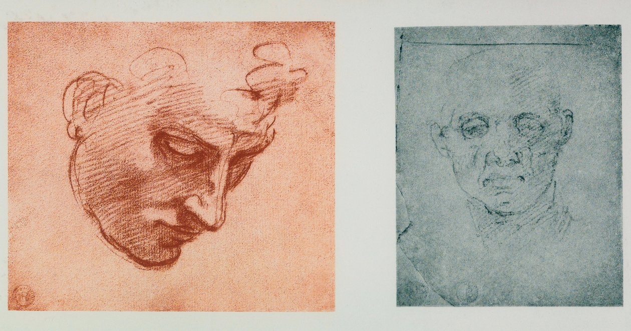 Näkymä kasvoista edestä ja yksi profiilissa; Michelangelon piirustukset. Casa Buonarroti, Firenze tekijältä Michelangelo Buonarroti