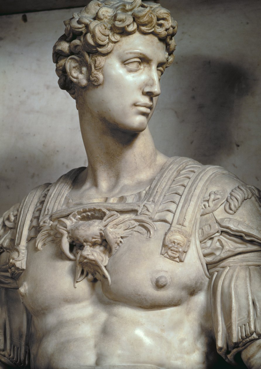 Giuliano de Medici, Nemoursin herttua 1479-1516, Michelangelo Buonarrottin 1475-1564 tekemän haudan hahmon yksityiskohta, 1533, marmorinen yksityiskohta, 85089 & 52674. tekijältä Michelangelo Buonarroti
