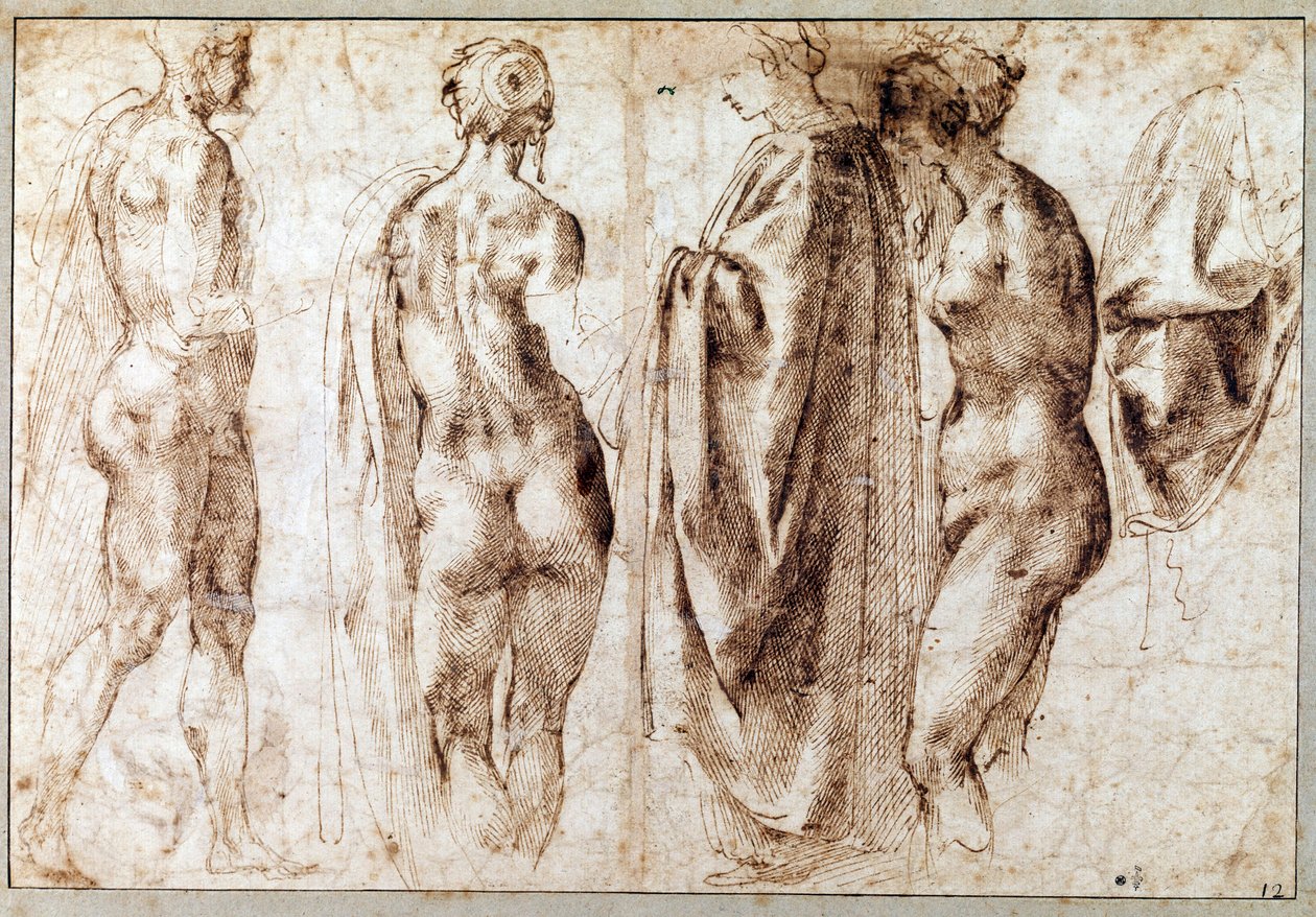 Neljän seisovan hahmon ryhmä ja liina Piirustus Michelangelo Buonarroti dit Michelangelon (Michelangelo tai Michel Ange) kynällä tekijältä Michelangelo Buonarroti