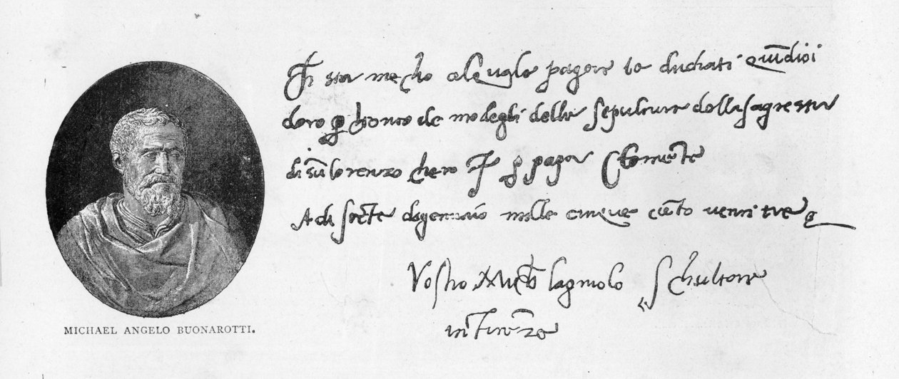 Michelangelo Buonarrotin käsiala ja allekirjoitus (kynä ja muste paperille) tekijältä Michelangelo Buonarroti
