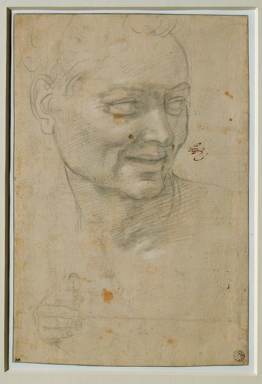 Ignudon pää ja oikea käsi Jesajan yläpuolella ja vasemmalla puolella tekijältä Michelangelo Buonarroti