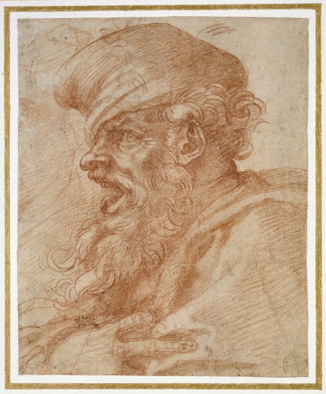 Huutavan parrakkaan miehen pää, noin 1525 (punaliitu paperille). tekijältä Michelangelo Buonarroti