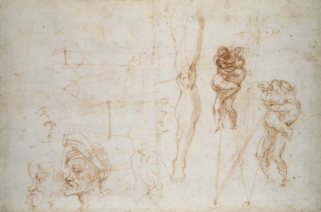 Hercules ja Antaeus ja muut tutkimukset, n. 1525-28 (liitu paperille) tekijältä Michelangelo Buonarroti