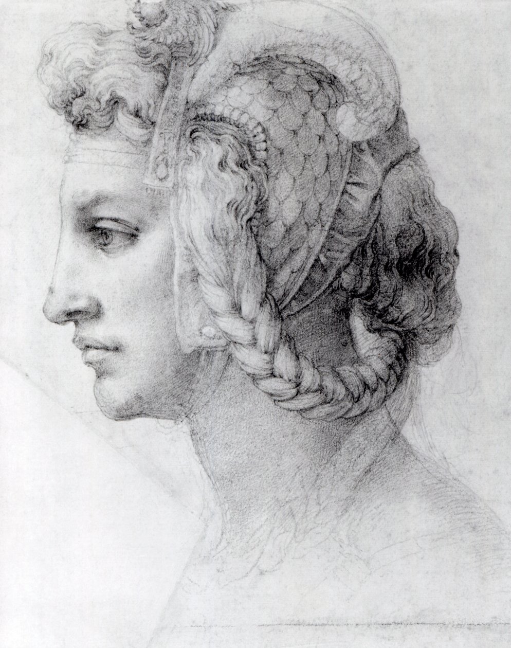 Naisen ihannepää, n.1525-28 (mustaliitu paperille). tekijältä Michelangelo Buonarroti