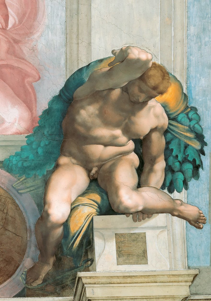 Ignudo Sikstuksen kappelin katto Vatikaanissa, 1508-1512. tekijältä Michelangelo Buonarroti