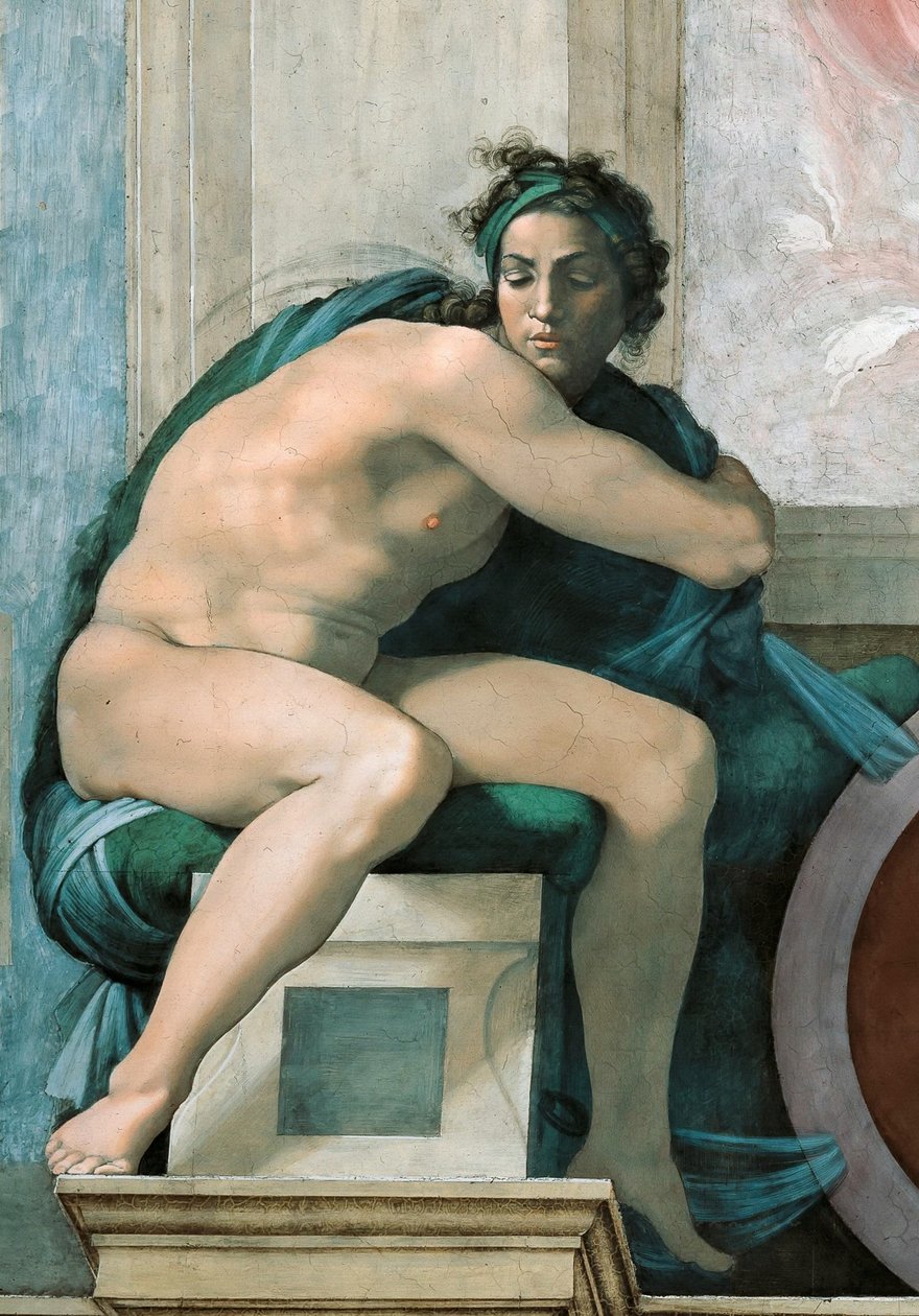Ignudo Sikstuksen kappelin katto Vatikaanissa, 1508-1512. tekijältä Michelangelo Buonarroti