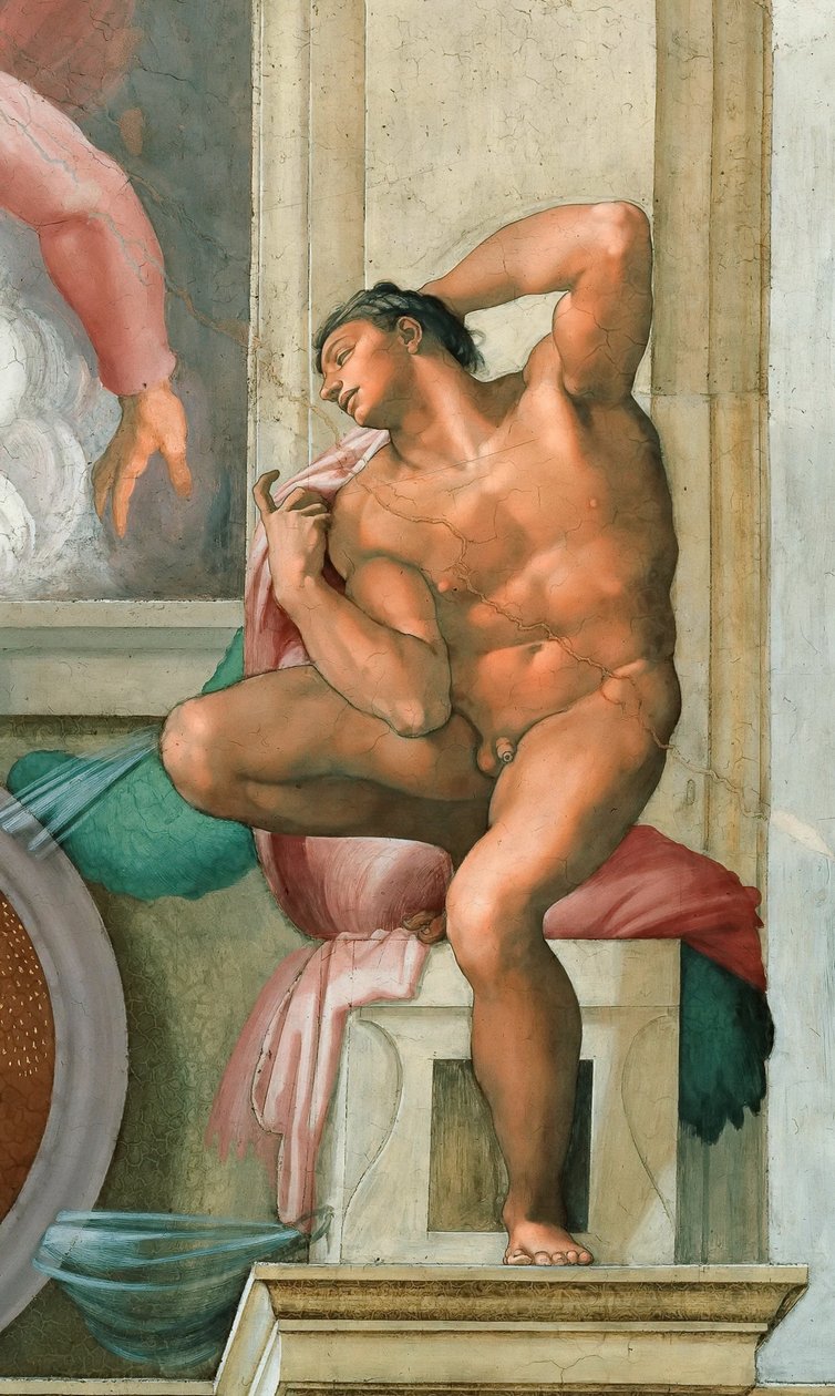 Ignudo Sikstuksen kappelin katto Vatikaanissa, 1508-1512. tekijältä Michelangelo Buonarroti