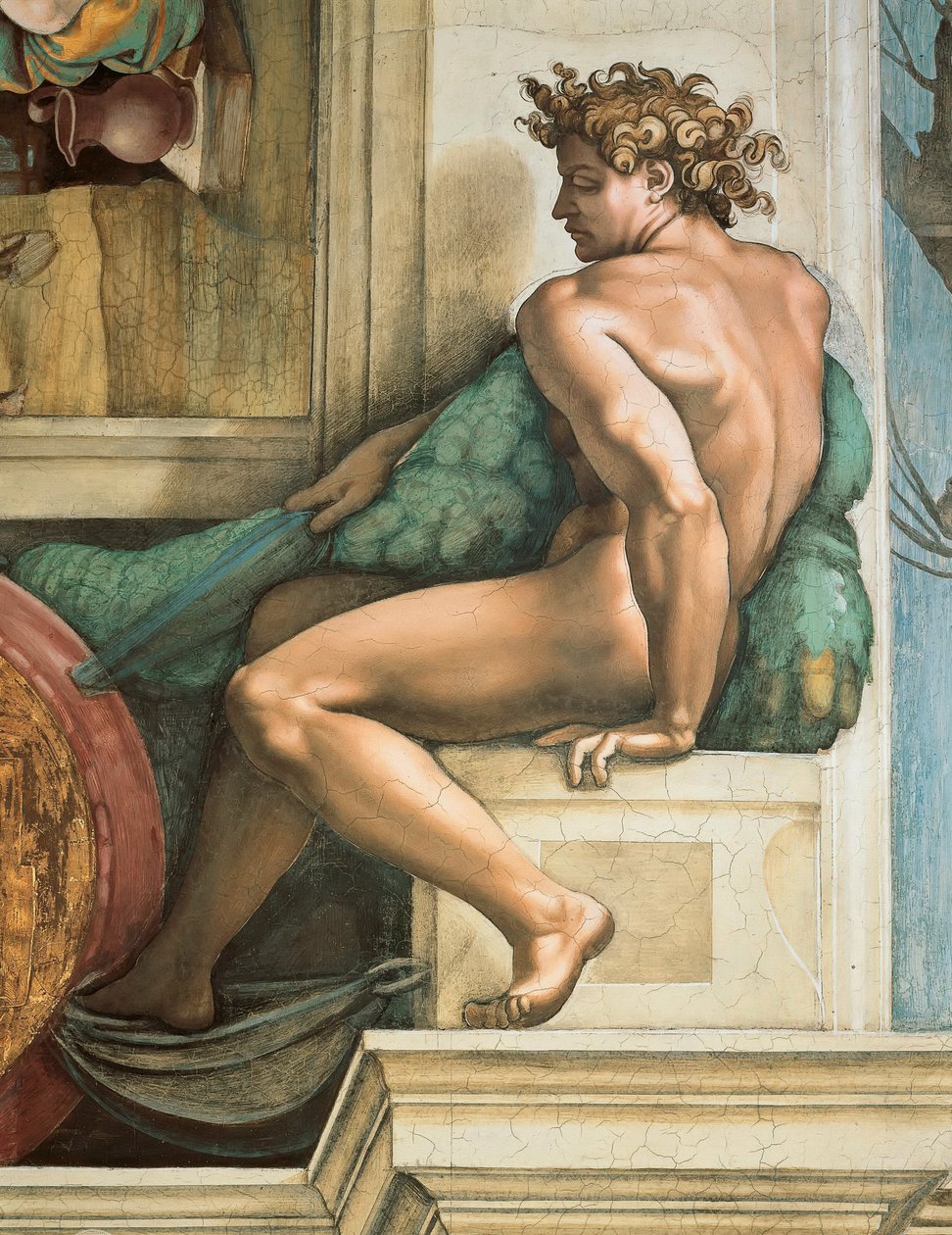 Ignudo Sikstuksen kappelin katto Vatikaanissa, 1508-1512. tekijältä Michelangelo Buonarroti