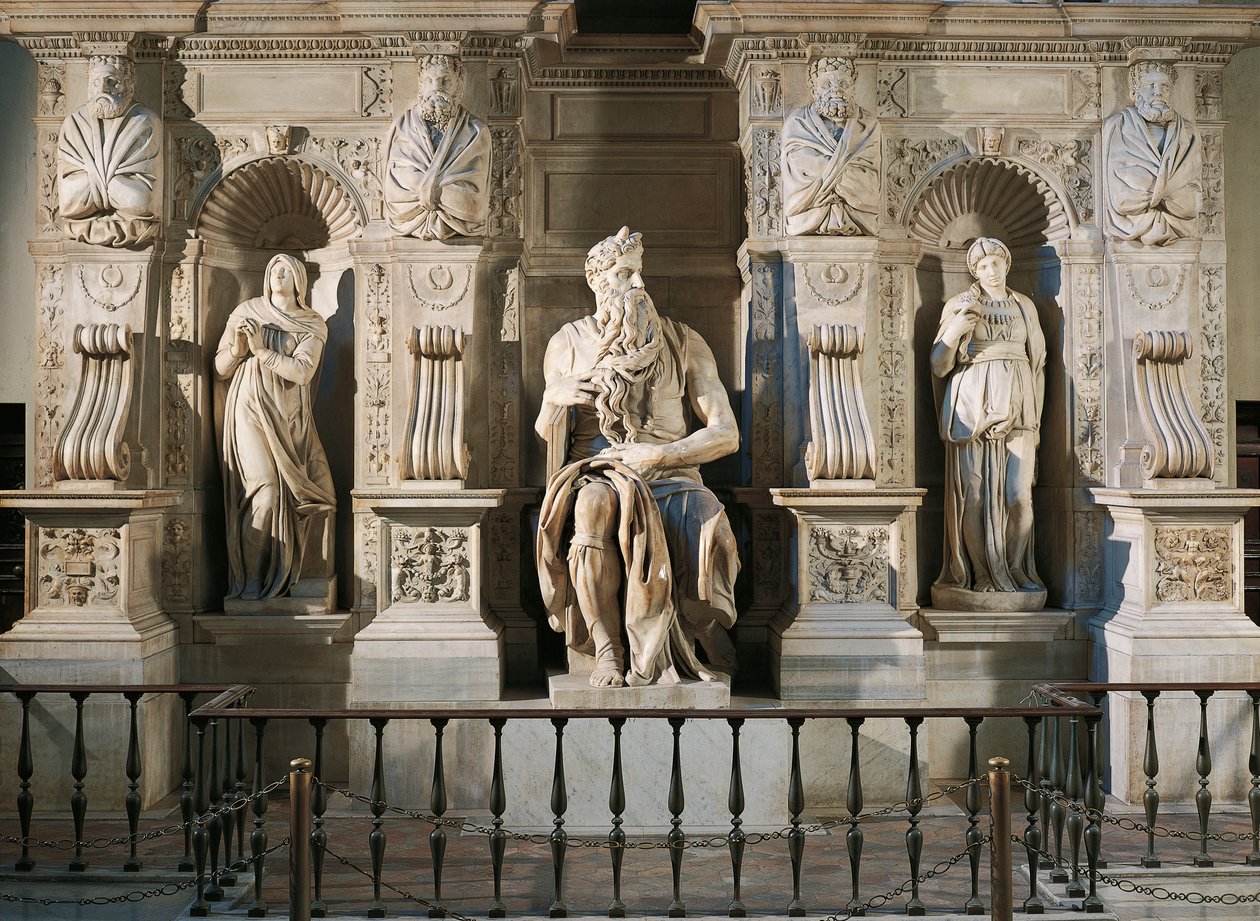 Italia, Rooma, Pyhän Pietarin, Raakelin, Mooseksen ja Lean basilika, yksityiskohta Julius II:n haudasta, noin vuodelta 1515, kirjoittanut Michelangelo (1475-1564) tekijältä Michelangelo Buonarroti