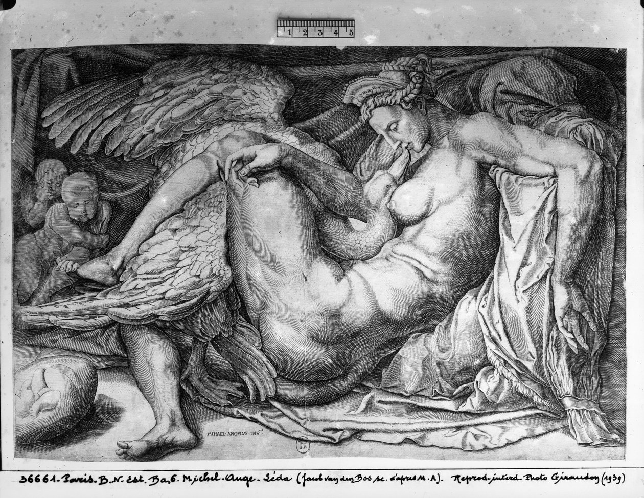 Leda, kaiverrus Jacobus Bos, Boss tai Bossius (b.c.1520) tekijältä Michelangelo Buonarroti