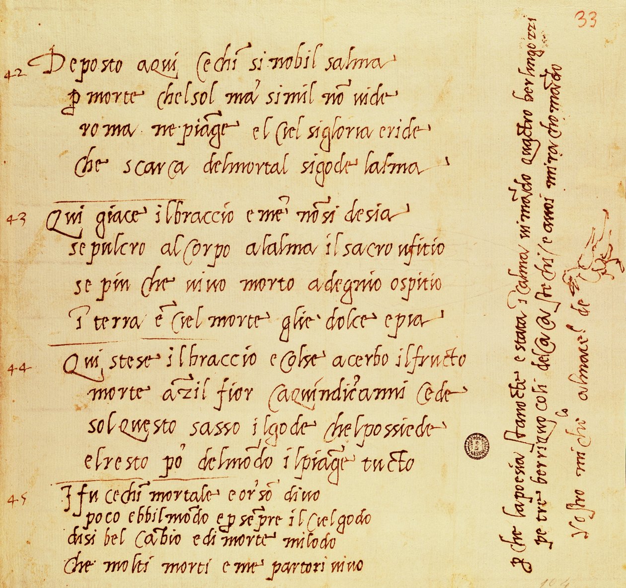 Michelangelo Buonarrotin (1475-1564) runon käsikirjoitus tekijältä Michelangelo Buonarroti