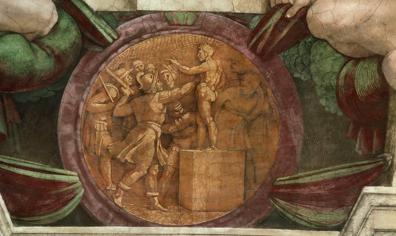 Medaljonki edustaa Baalin jumalapatsaan tuhoa..., 1508-1512. tekijältä Michelangelo Buonarroti
