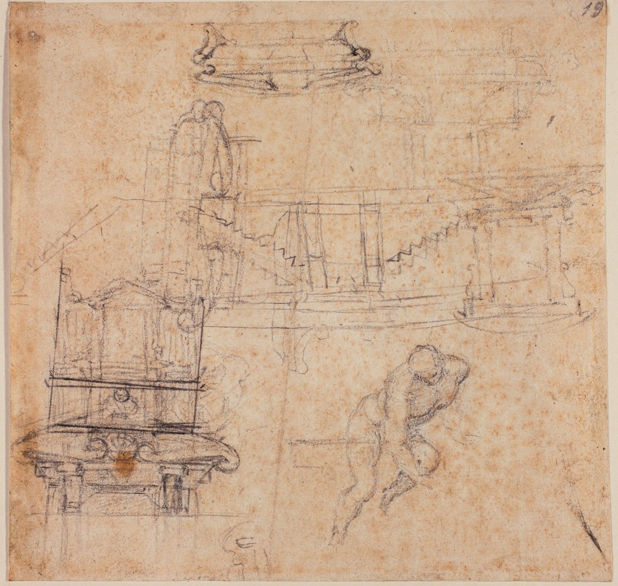 Erilaisia tutkimuksia, Johannes Kastajan kuva, hauta ja arkkitehtonisia luonnoksia. tekijältä Michelangelo Buonarroti