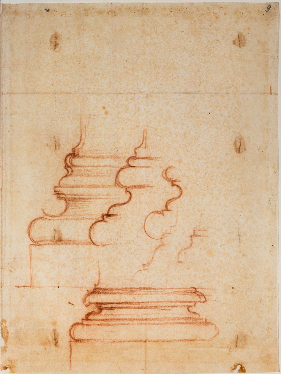 Uuden sakastin pylväsjalustat, käsinkirjoitetut merkinnät. tekijältä Michelangelo Buonarroti