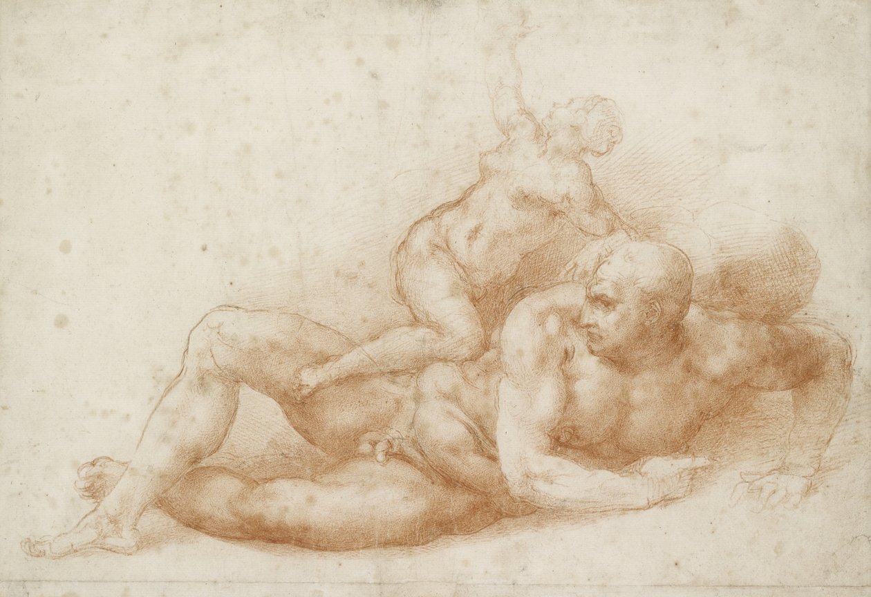 Simson ja Delila (punainen liitu luonnonvalkoiselle paperille). tekijältä Michelangelo Buonarroti