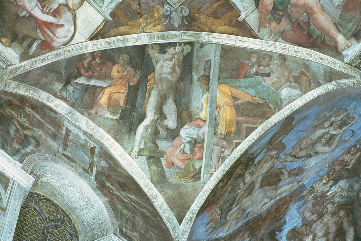 Sikstuksen kappelin katto: Haman (spandrel) (ennen restaurointi) tekijältä Michelangelo Buonarroti