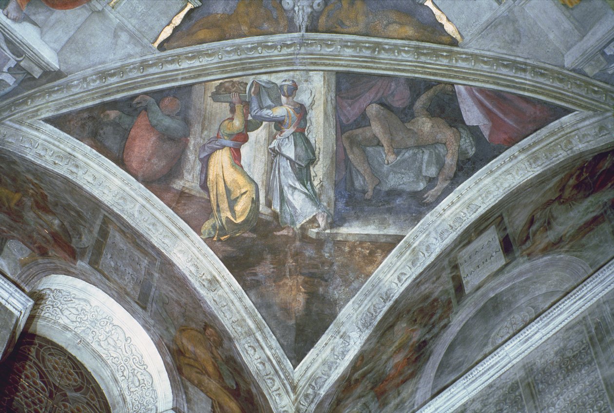 Sikstuksen kappelin katto: Judith kantaa Holofernesin päätä (spandrel) (ennen restaurointia) tekijältä Michelangelo Buonarroti