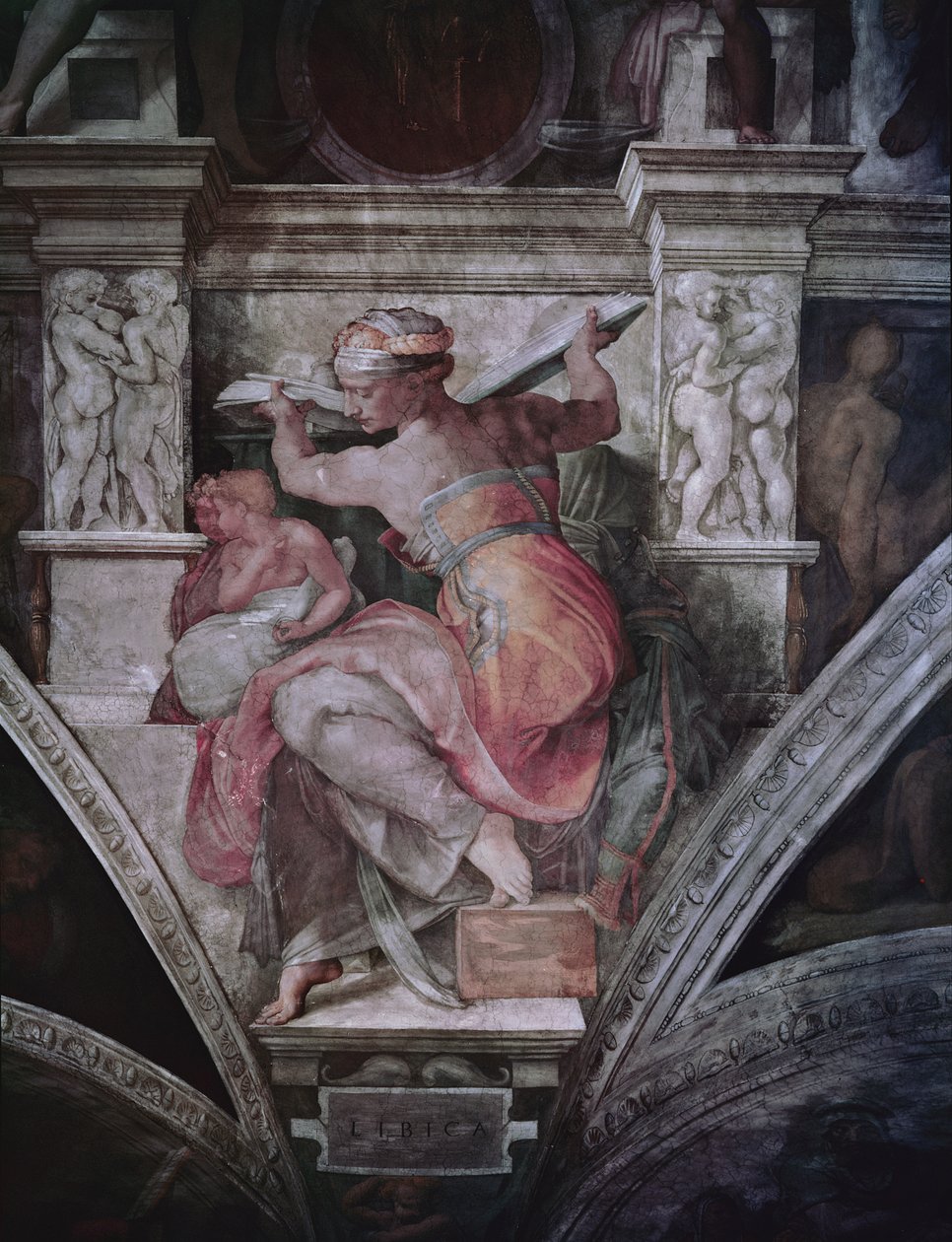 Sikstuksen kappelin katto: Libyan Sibyl, n. 1508-1010 (ennen restaurointia) tekijältä Michelangelo Buonarroti