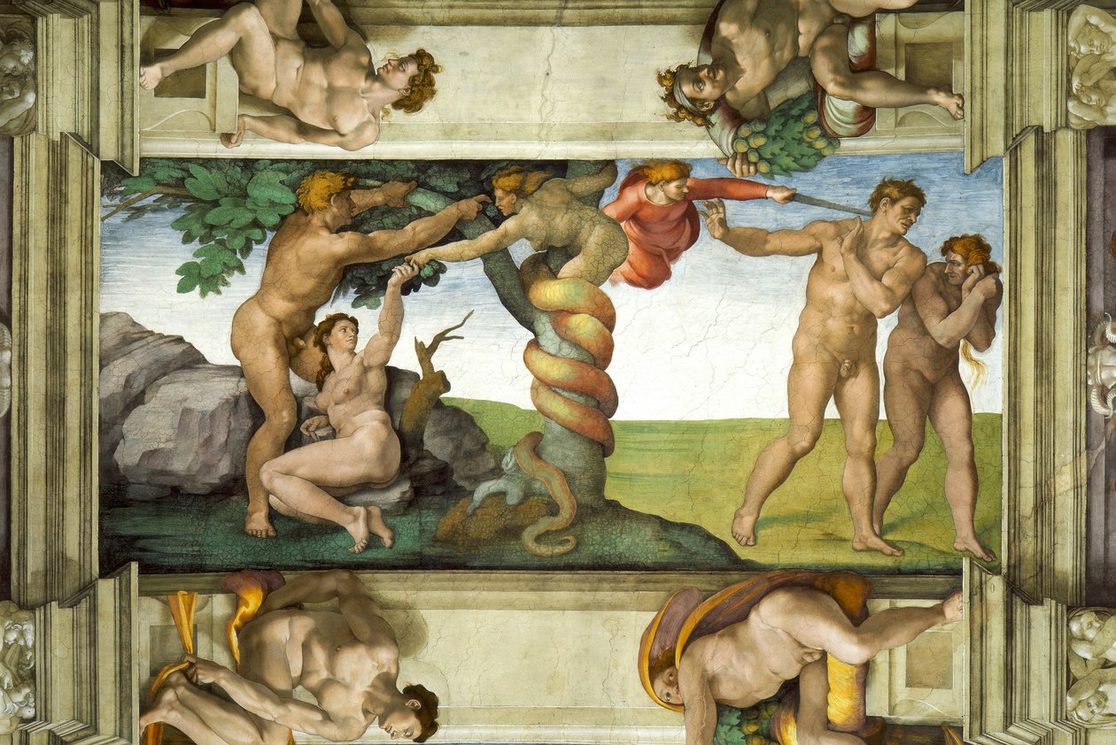 Sikstuksen kappelin katto: Ihmisen lankeemus ja karkottaminen Eedenin puutarhasta, neljä Ignudia tekijältä Michelangelo Buonarroti
