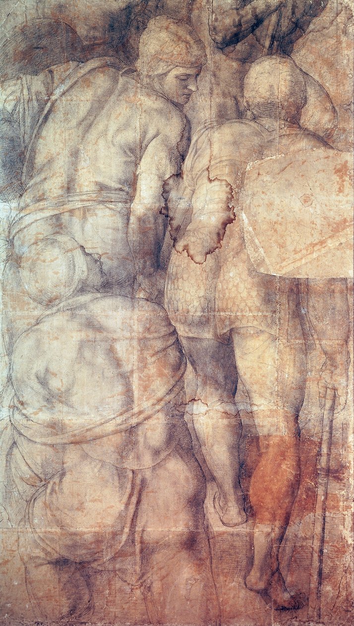 Sotilaat, Michelangelo (1475-1564), valmisteleva sarjakuva (alamaalaus) Pietarin ristiinnaulitsemisen freskolle Vatikaanin palatsin Paavalin kappelissa tekijältä Michelangelo Buonarroti