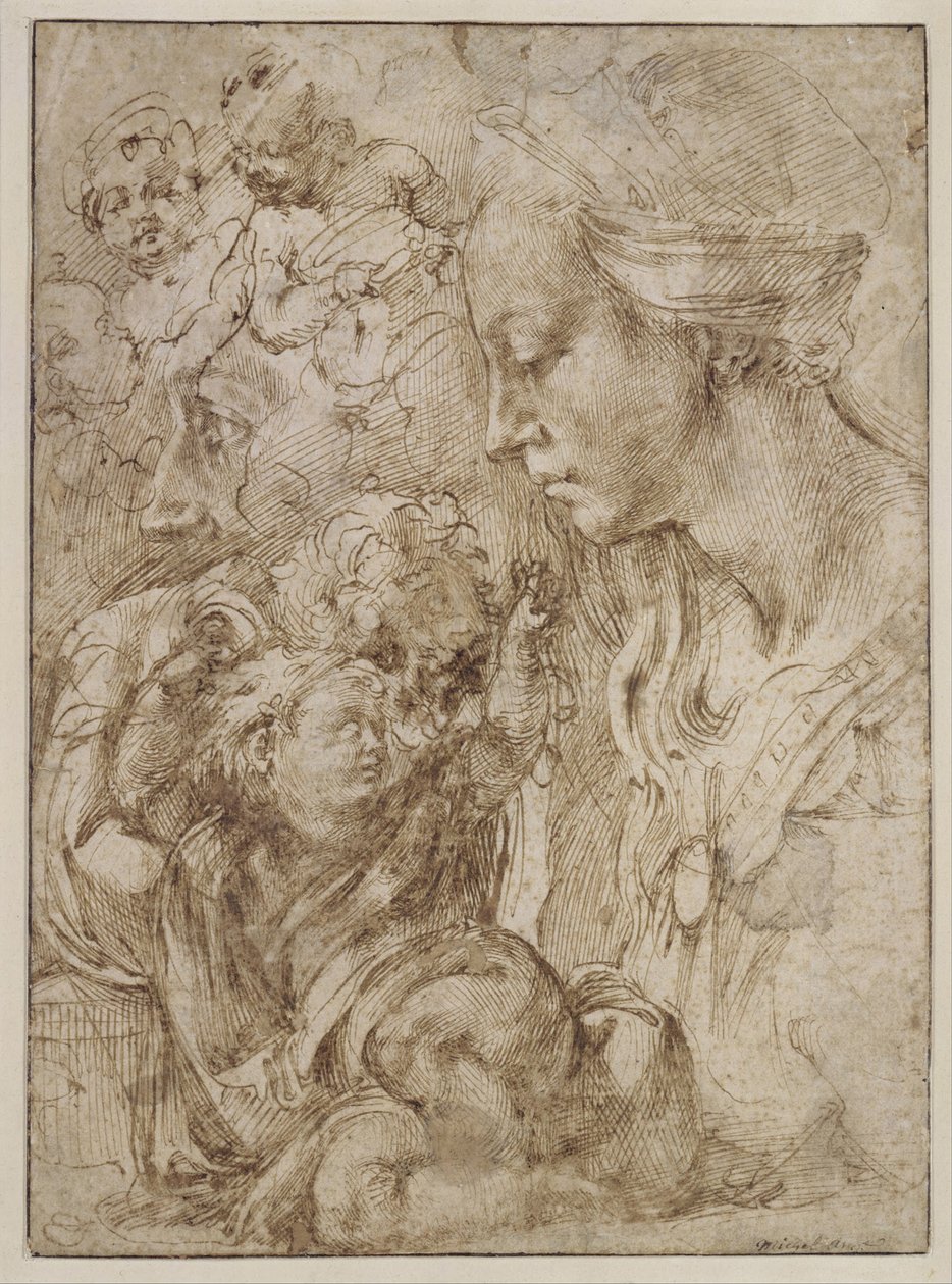 Tutkimuksia pyhälle perheelle, jossa Johannes Kastaja lapsena, 1505 tekijältä Michelangelo Buonarroti