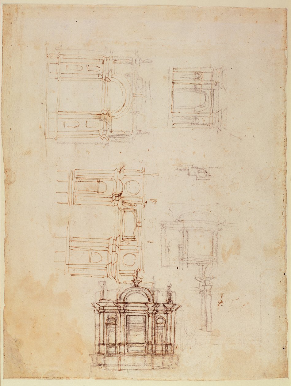 Tutkimuksia arkkitehtonisesta kompositiosta riemukaarin muodossa, n. 1516 (musta liitu kynällä ja ruskea muste paperille) (recto) (vero katso 191776) tekijältä Michelangelo Buonarroti