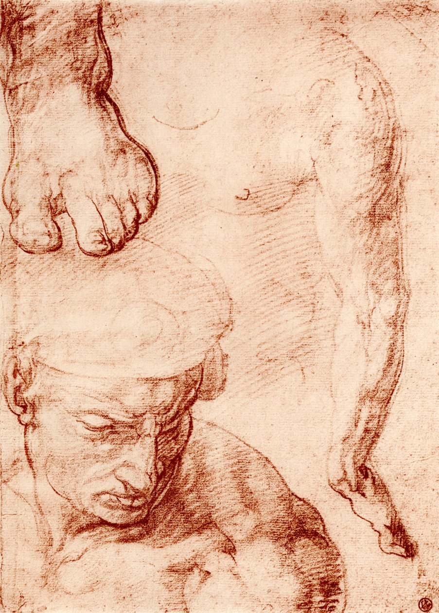 Tutkimuksia ristin kantajahahmosta viimeisessä tuomiossa, Sikstuksen kappeli, Rooma, 1913 tekijältä Michelangelo Buonarroti