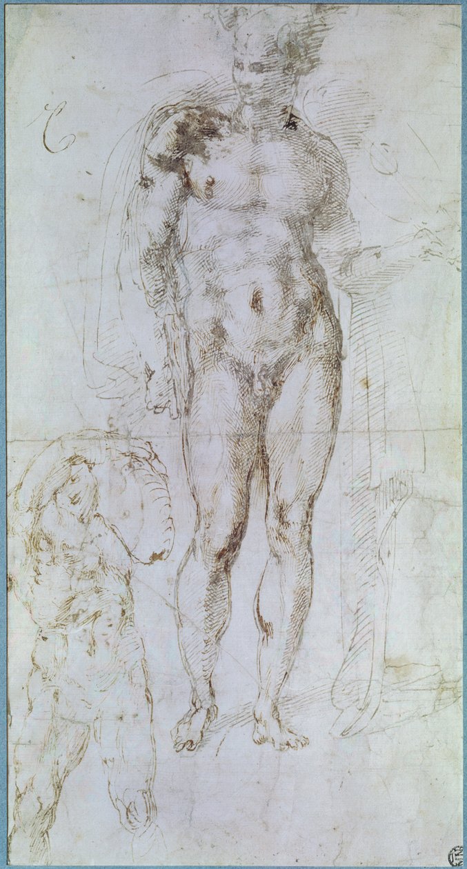 Tutkimus Apollolle (entinen Mercury), joka seisoo alasti viitta harteillaan ja mieshahmo, joka kantaa taakkaa tekijältä Michelangelo Buonarroti