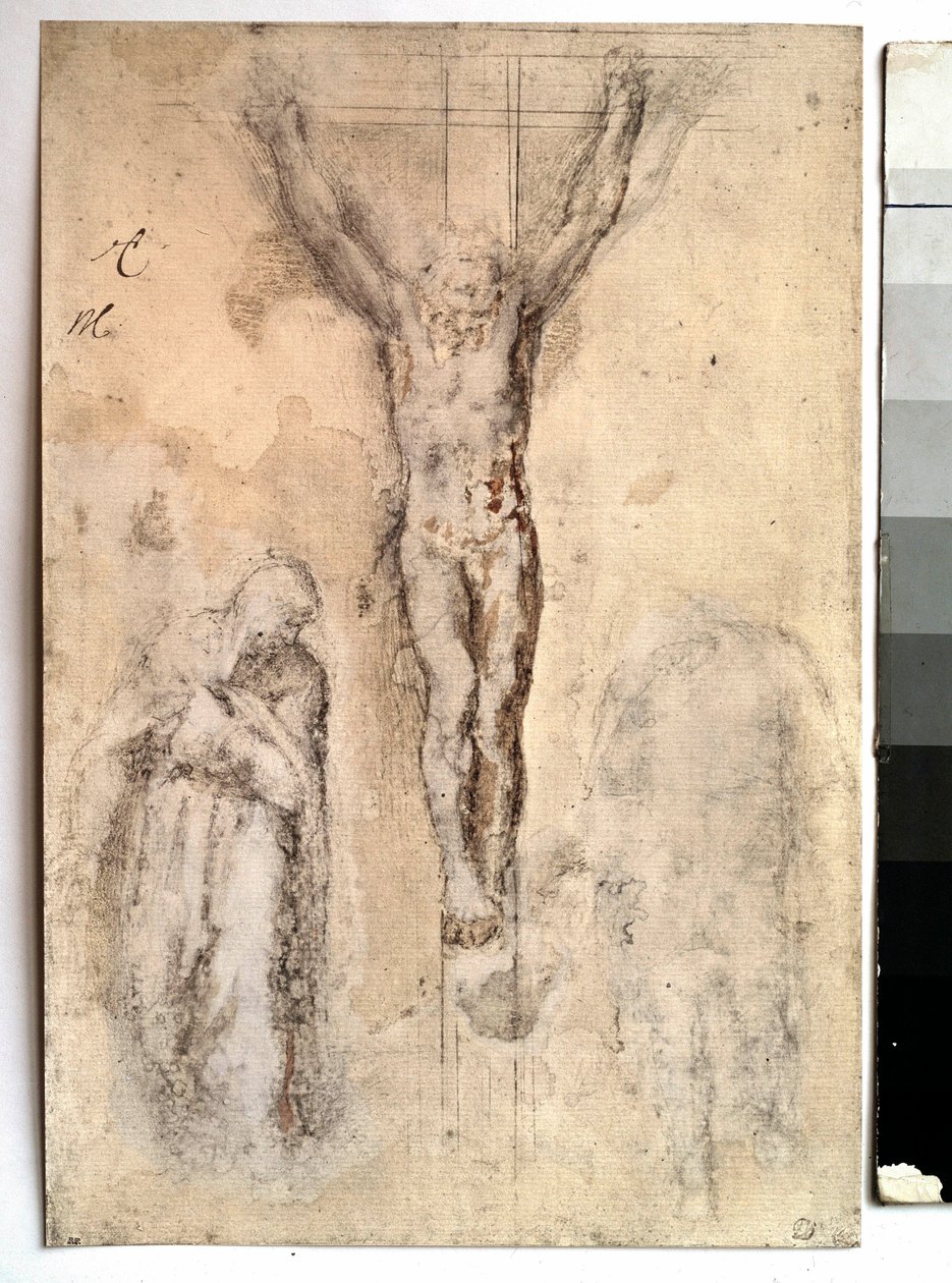 Opiskelu ristiinnaulitsemista varten Kuvaus Kristuksesta ristillä Neitsyen ja Pyhän Johanneksen kanssa. Piirustus Michelangelo Buonarroti dit Michelangelo (Michelangelo tai Michel Ange tekijältä Michelangelo Buonarroti