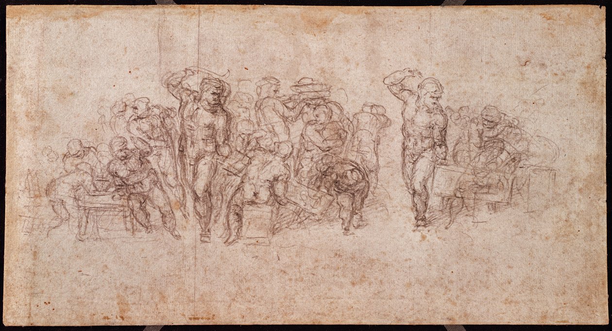 Selostuskohtauksen hahmojen tutkimus (musta liitu paperille) (suora) (ks. versio 191764) tekijältä Michelangelo Buonarroti