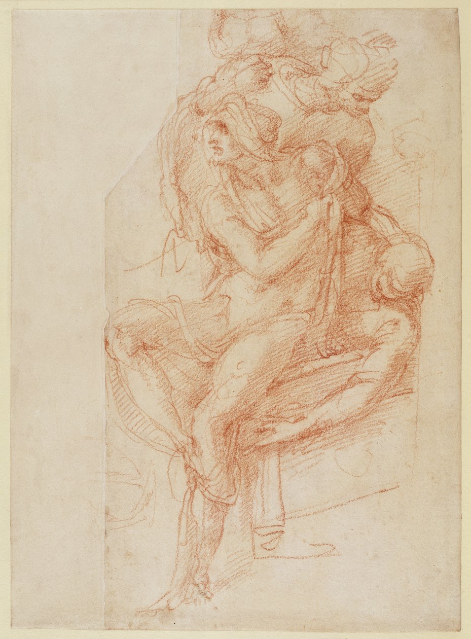 Tutkimus Lasaruksesta ja kahdesta avustajahahmosta (punainen liitu paperille) tekijältä Michelangelo Buonarroti