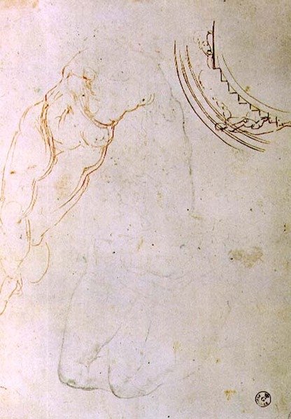 Tutkimus makaavasta hahmosta, jonka jalat on ristissä, ja malli lunettelle, jossa hahmo kiinnittää portaikkoon (kynä ja muste, liitu ja hiili paperille) tekijältä Michelangelo Buonarroti