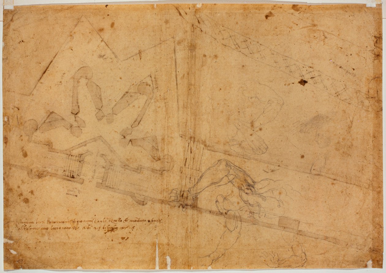 Toisella kädellä tehty hahmon tutkimus ja käsin kirjoitettu merkintä. tekijältä Michelangelo Buonarroti