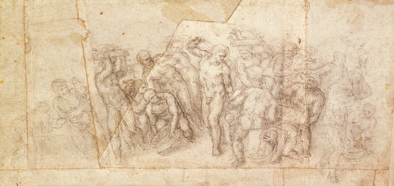 Selostuskohtauksen hahmojen tutkiminen (hiili paperille) (recto) tekijältä Michelangelo Buonarroti