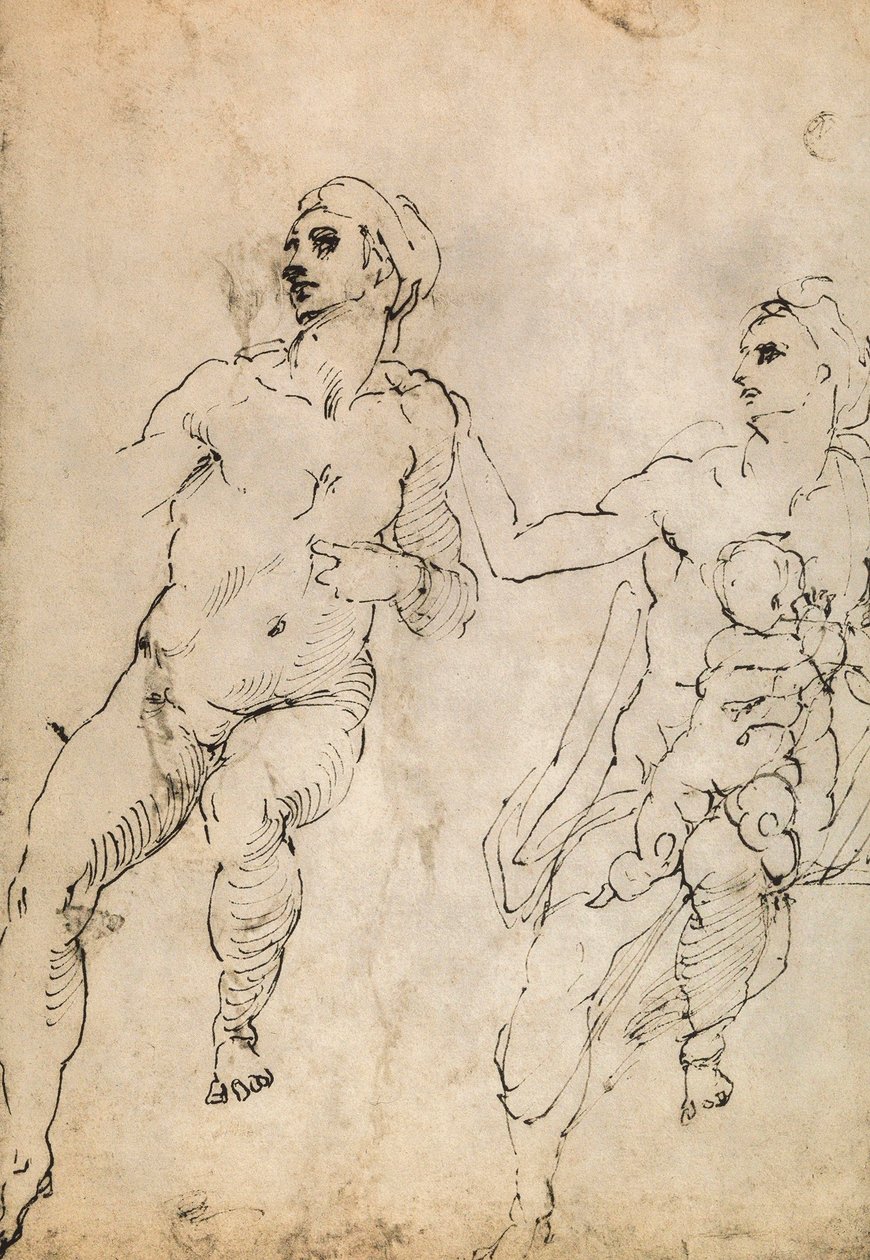 Joidenkin alastonhahmojen tutkiminen; piirustus Michelangelo. Louvre, Pariisi tekijältä Michelangelo Buonarroti