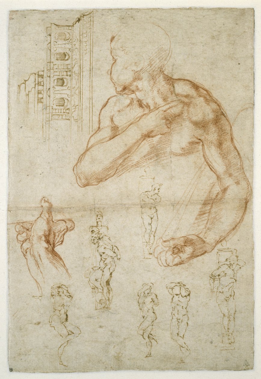 Tutkimus Libyan Sibylin avustavasta hahmosta, n. 1512 (punainen liitu ja kynä paperilla) tekijältä Michelangelo Buonarroti
