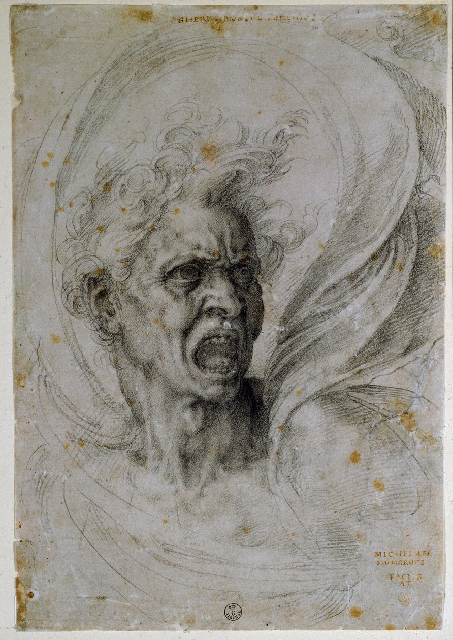 Huutavan miehen pään tutkiminen. Michelangelo Buonarrotin piirros, joka tunnetaan nimellä Michel Ange tai Michelangelo tai Michelangelo (1475-1564). Firenze, Uffizi-museo (Firenze, Uffizin grafiikka- ja piirustusosasto). tekijältä Michelangelo Buonarroti