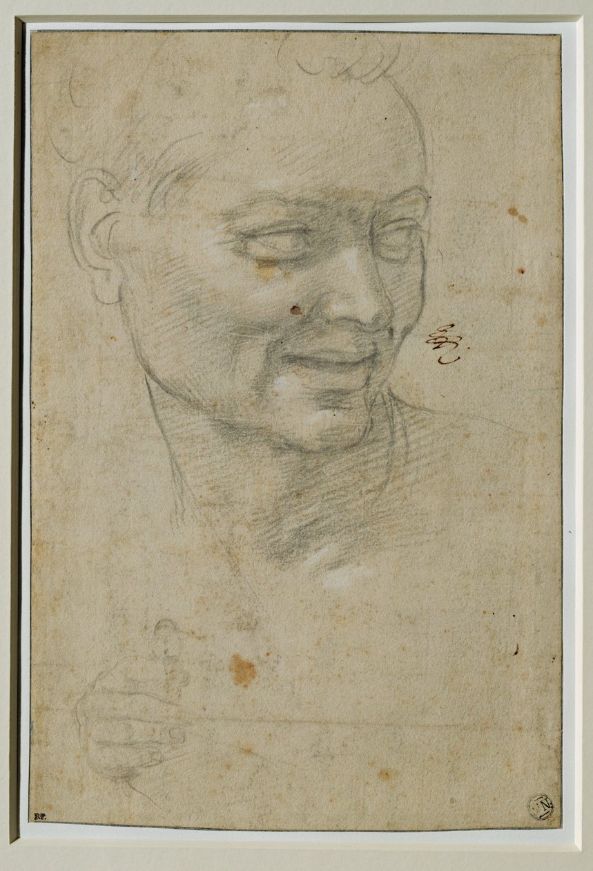 Ignudon pää ja oikea käsi Jesajan yläpuolella ja vasemmalla puolella, Capella Sistinan holvissa ... tekijältä Michelangelo Buonarroti