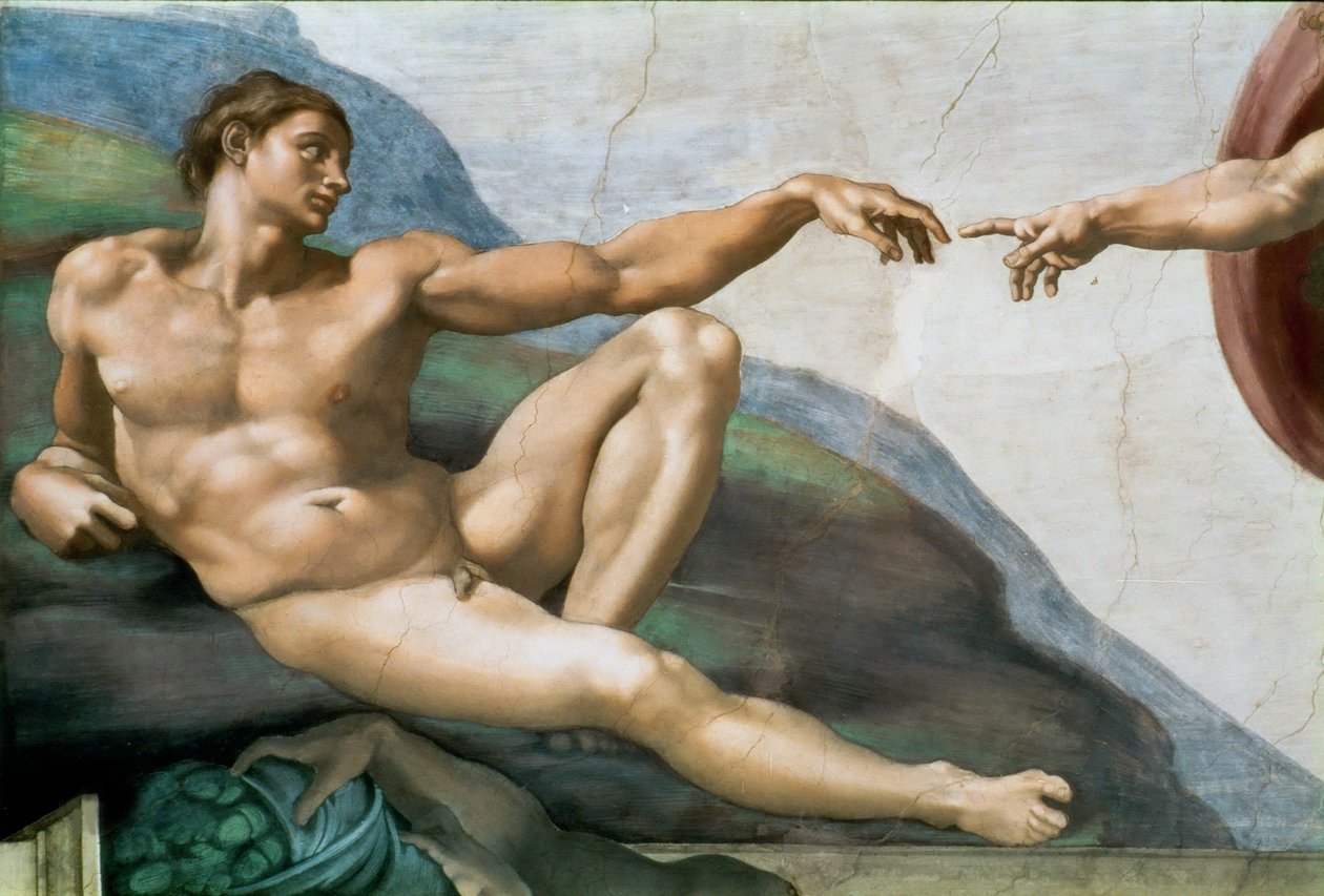 Aadamin luominen. Yksityiskohta Sikstuksen kappelin katto Vatikaanissa, 1508-1512. tekijältä Michelangelo Buonarroti