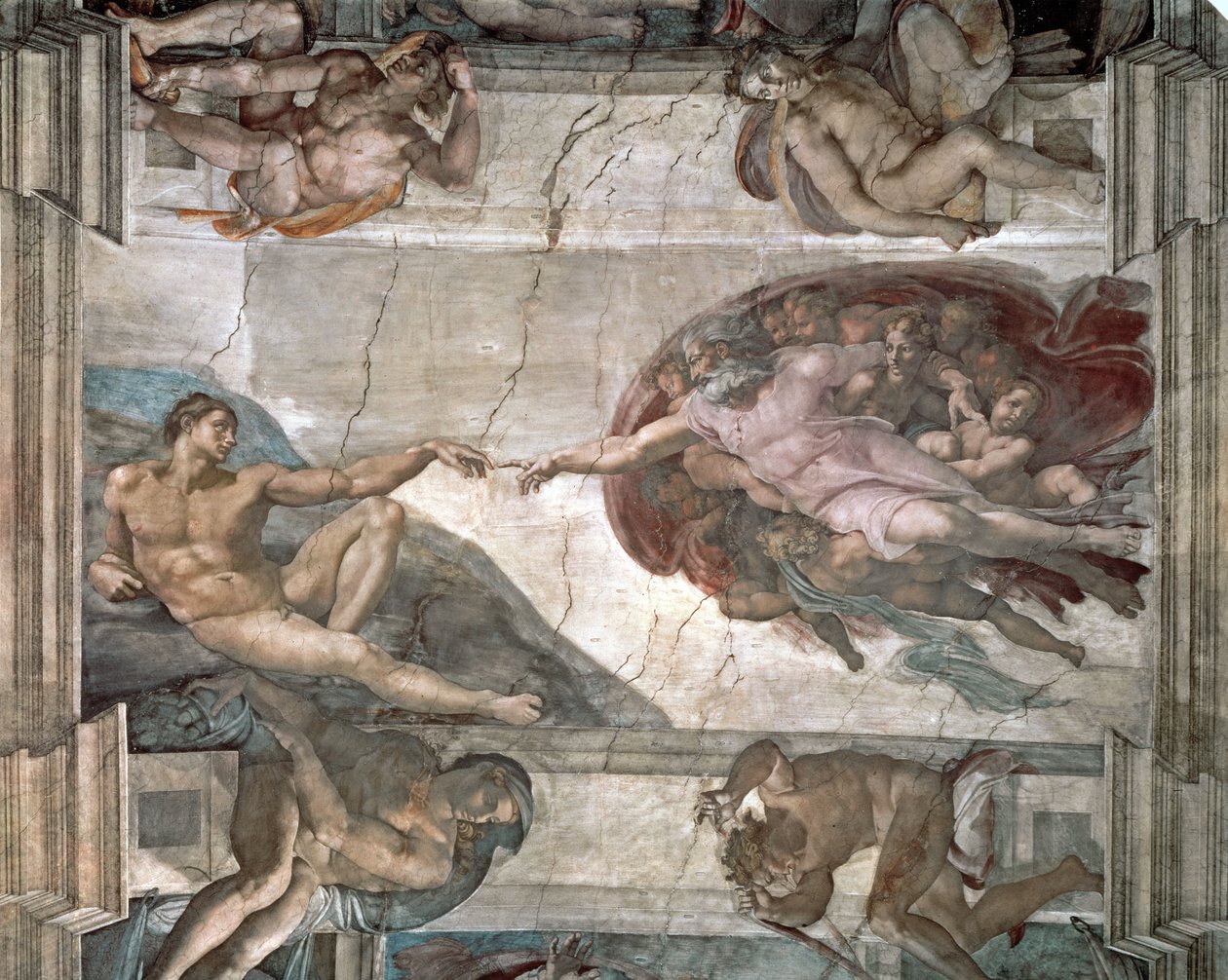Aadamin luominen Sikstuksen kappelista tekijältä Michelangelo Buonarroti