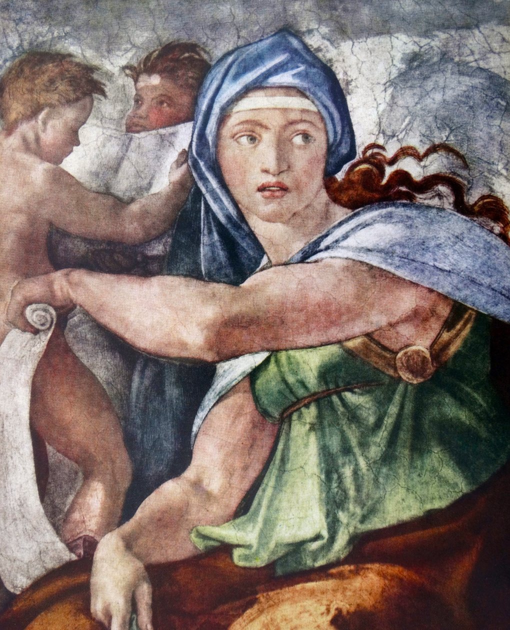 Michelangelon (1475-1564) Delfin Sibylli (yksityiskohta Sikstuksen kappelista, Vatikaani, Rooma) 1509. tekijältä Michelangelo Buonarroti